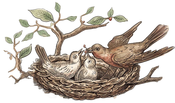 Ilustração de cucos no ninho — emblema do restaurante
