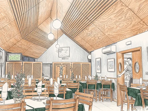 Sala do restaurante com tecto abobadado em madeira e vista para a esplanada